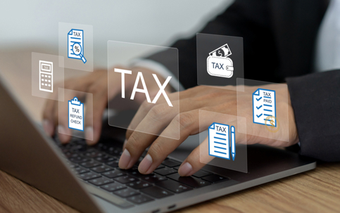 People with tax technology online system, business finance management, tax return process, accounting and financial planning, revenue analysis, calculation, vat, electronic payment, tax refund policy
