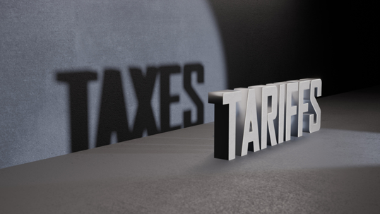 3d rendered image of a spotlight being pointed at the word "TARIFFS" with the resulting shadow behind it saying "TAXES"